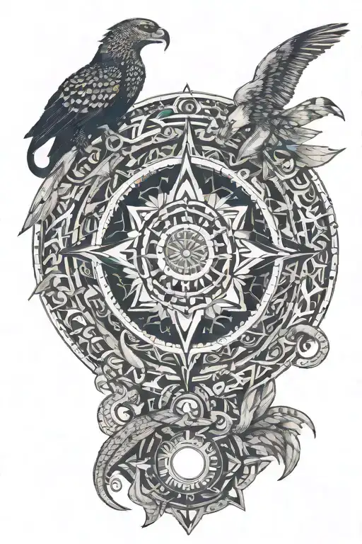 gods eye in the center, serpent on bottom, jaguar on left, dragon on top, eagle on right, all circling gods eye tattoo design idea