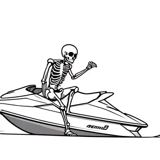 skeleton sitting on a jetski sideways while imitating the thinking man pose.  tattoo design idea