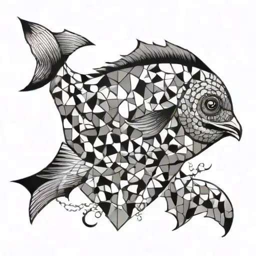 A fish with a seagull and the sea geometric shape tattoo design idea