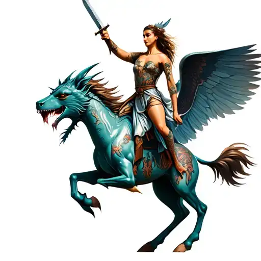 A Valkyrie riding a mythical creature with a sword in hand tattoo design idea