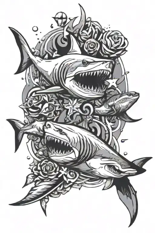 I want you to do a tattoo from wrist to elbow with an oceanic and geometric theme, with shark and reef ornaments. tattoo design idea