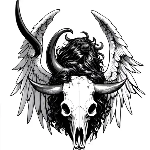 angel with wings and an angry bull skull i want to see balance/angry/shy and 80/82 numbers, ligthning   tattoo design idea