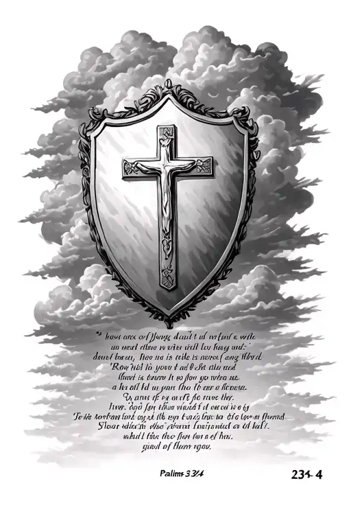 I want Psalms 23:4 full scripture, with clouds backround with a sheild with the cross on it tattoo design idea