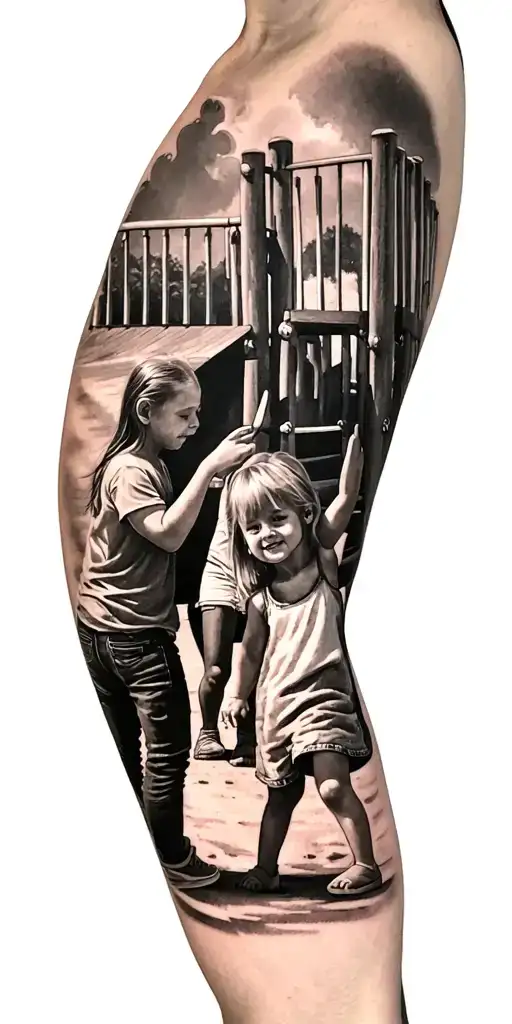 Full length arm tattoo of 2 girls (one slightly older then the other) and their dad playing at a playground. Have them a tattoo design idea