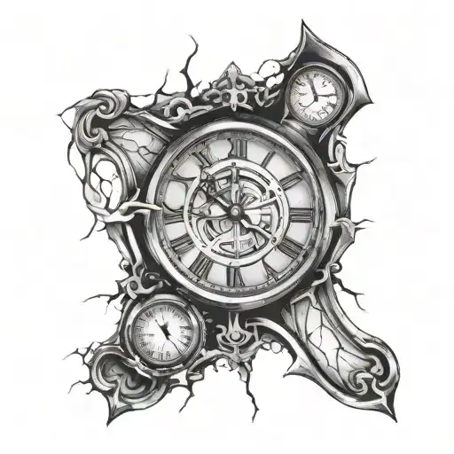 clock with cracks and hourglass tattoo design idea