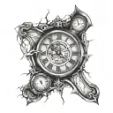 clock with cracks and hourglass tattoo design idea