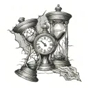 clock with cracks and hourglass tattoo design idea