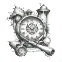 clock with cracks and hourglass tattoo design idea