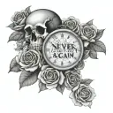 word "Never Again" with the world crumbling into pieces tattoo design idea
