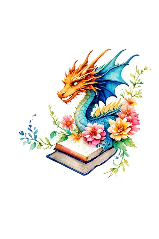 dragons with books and flowers tattoo design idea
