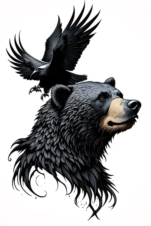 a right facing bear head in profile with a swooping raven facing it on the right tattoo design idea