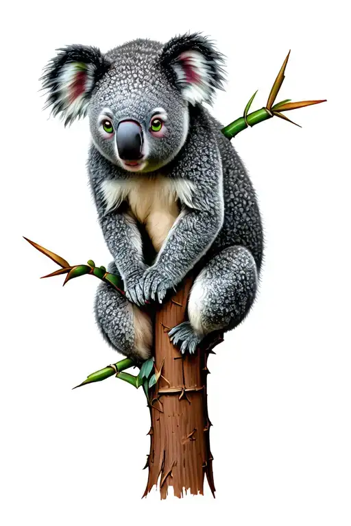 koala bear with green eyes attached to tree with bamboo  tattoo design idea