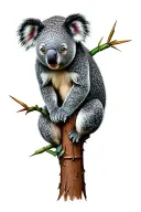 koala bear with green eyes attached to tree with bamboo  tattoo design idea