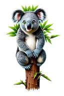 koala bear with green eyes attached to tree with bamboo  tattoo design idea