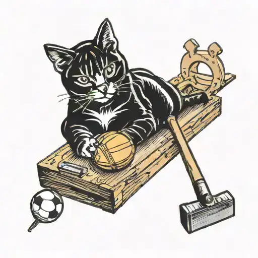 A traditional style tattoo of a cat lounging on a football, surrounded by carpentry tools like hammers and saws tattoo design idea