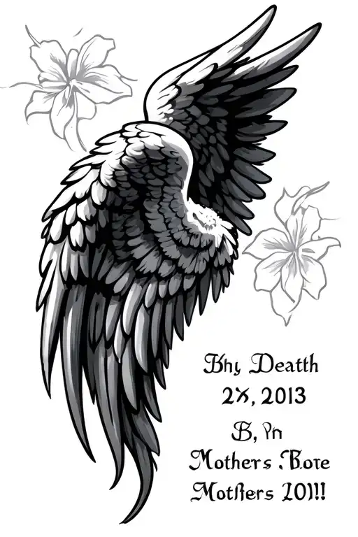 angel wings with birth and death date for mothers memorial tattoo design idea