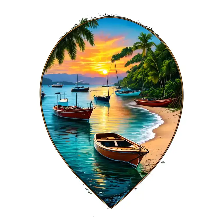 Sunset, Coco Beach & its Bay, Costa Rica, dozens various size fishing + leisure boats anchored in background in the Bay tattoo design idea