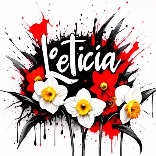 Name "Leticia" on top of daffodils tattoo design idea