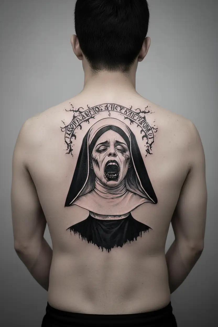 creepy nun crying black lips tattoo design idea