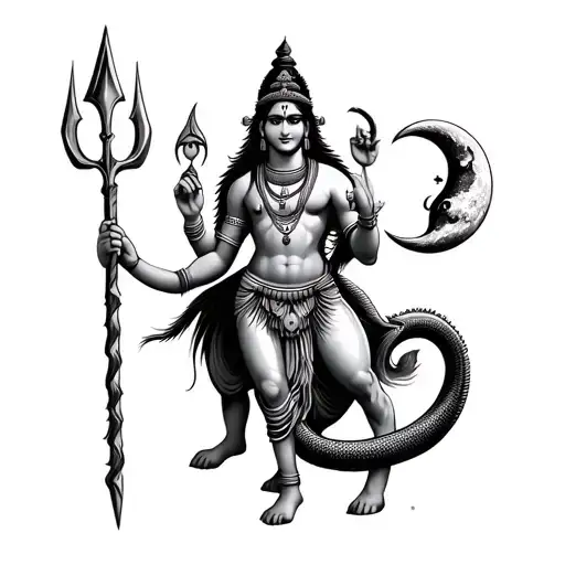 depict lord shiva using elements like nandi the bull the trident serpent moon and ganga  tattoo design idea