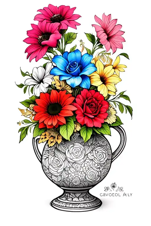 Mandala style vase with wild flowers, roses (one pink, one blue; the rest are red), plumerias, and sunflowers inside tattoo design idea