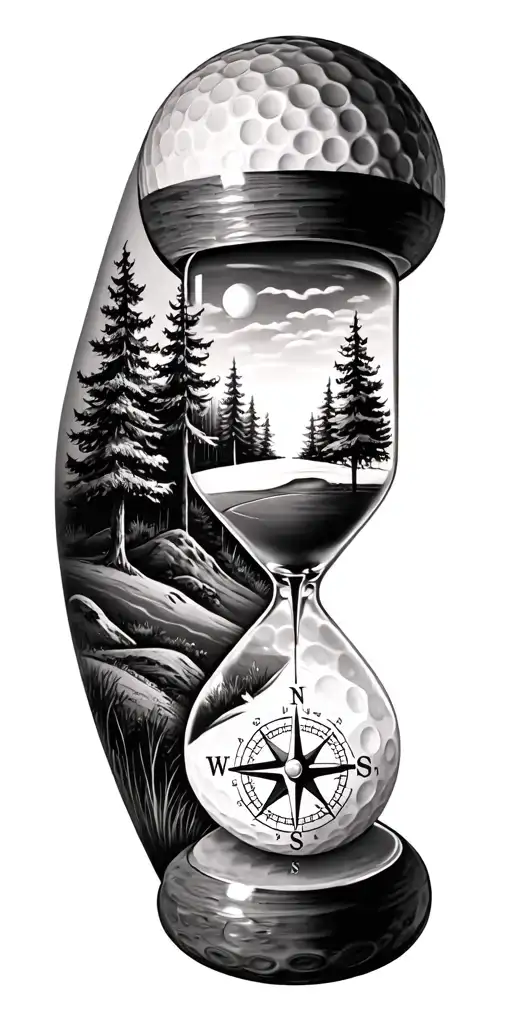 family and forest and hour glass and compass golf course golf ball tattoo design idea