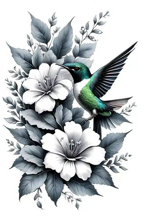 flowers and humming-bird tattoo design idea