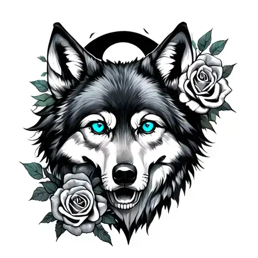 Wolf with blue eyes, roses, skull, moon tattoo design idea