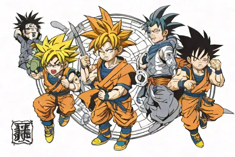 sic parvis magna with goku over it and naruto under, both as kids tattoo design idea