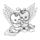 baby evil and baby angel holding a words good and bad tattoo design idea