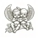 baby evil and baby angel holding a words good and bad tattoo design idea