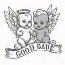 baby evil and baby angel holding a words good and bad tattoo design idea