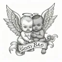 baby evil and baby angel holding a words good and bad tattoo design idea