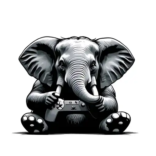 elephant listening rock music and playing video game tattoo design idea