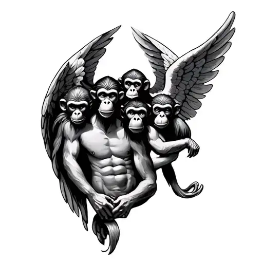 the 3 wise monkey in a form of angel tatto on chest from the tit to the shoulder tattoo design idea