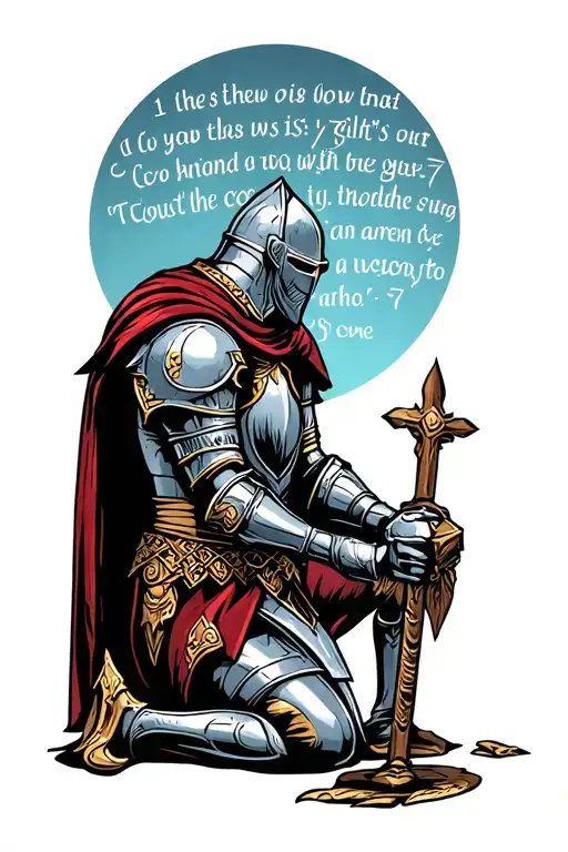 knight kneeling with 1 Corinthians 13:7 verse tattoo tattoo design idea