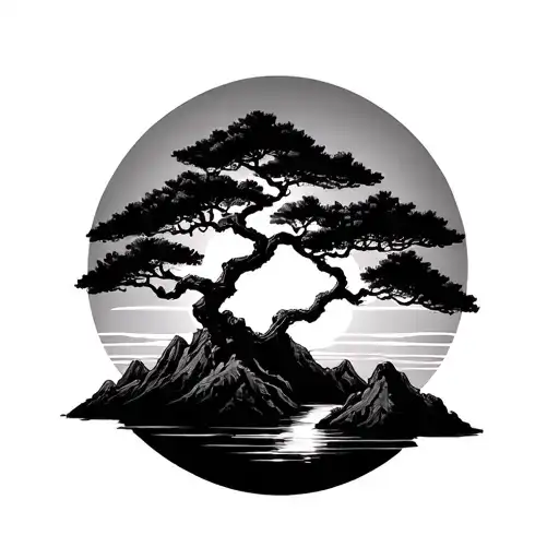 mountains with bonsai tree in the sunset tattoo design idea