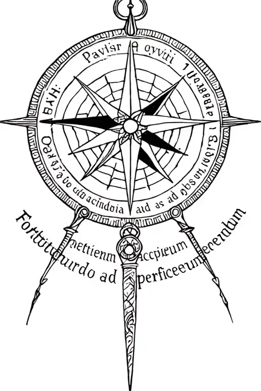 web of wyrd with vegvisir viking compass with the phrase patientia ad accipiendum, fortitudo ad perficiendum tattoo design idea