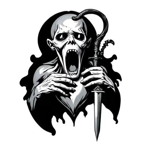 ghoul (full body) screaming pinned in the heart with dagger for tattoo design inspired tattoo design idea