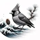 cardinal carrying a pinecone with Japanese waves in background tattoo design idea