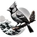 cardinal carrying a pinecone with Japanese waves in background tattoo design idea
