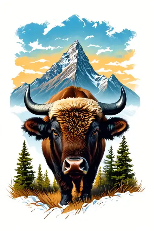Buffalo with mountains and trees tattoo design idea
