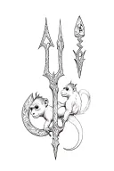 trident with squirrel monkey on one prong, one prong made up of music notes, one prong is an arrowhead,  tattoo design idea