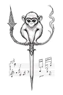 trident with squirrel monkey on one prong, one prong made up of music notes, one prong is an arrowhead,  tattoo design idea
