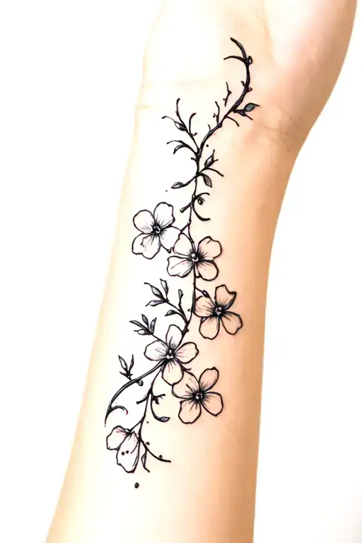 A vine lower forearm , with flowers on it. not too thick but not super fine lined. Spiraled on my arm. no color, small. tattoo design idea