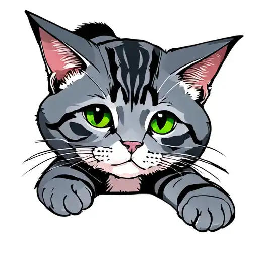 A gray cat with dark gray and black stripes on its body, green eyes, as the central subject. Surrounded by colorful line tattoo design idea