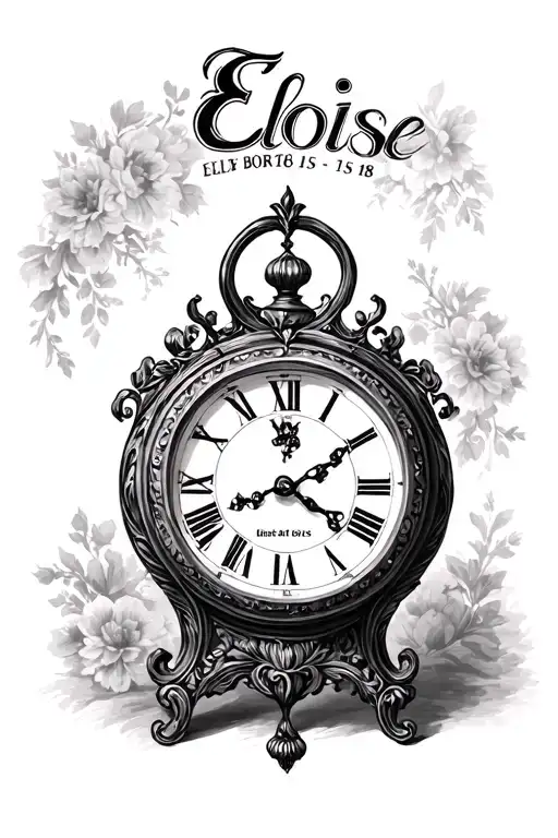 old clock with the name Eloïse and its date of birth 15/05/18 tattoo design idea
