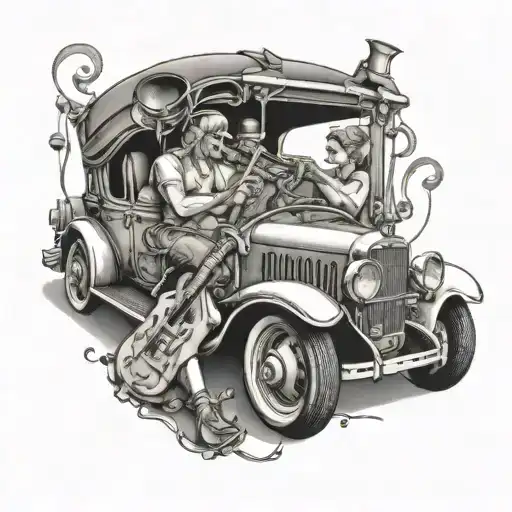 A tattoo design of a group of friends and family members playing musical instruments inside a vintage car, reflecting your love for your loved ones and music tattoo design idea