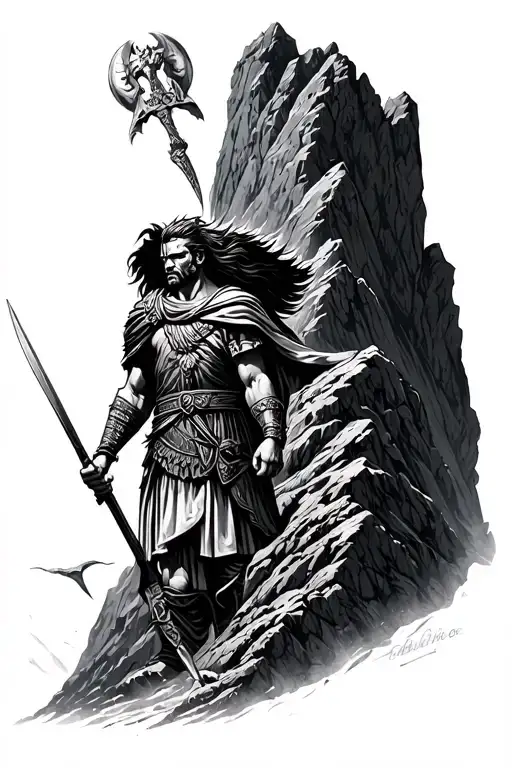 tall and dangerous mountains associated with Roman war theme and warrior tattoo design idea