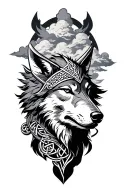 viking warrior,clouds, wolf, Celtic design incorporating elements tattoo design idea